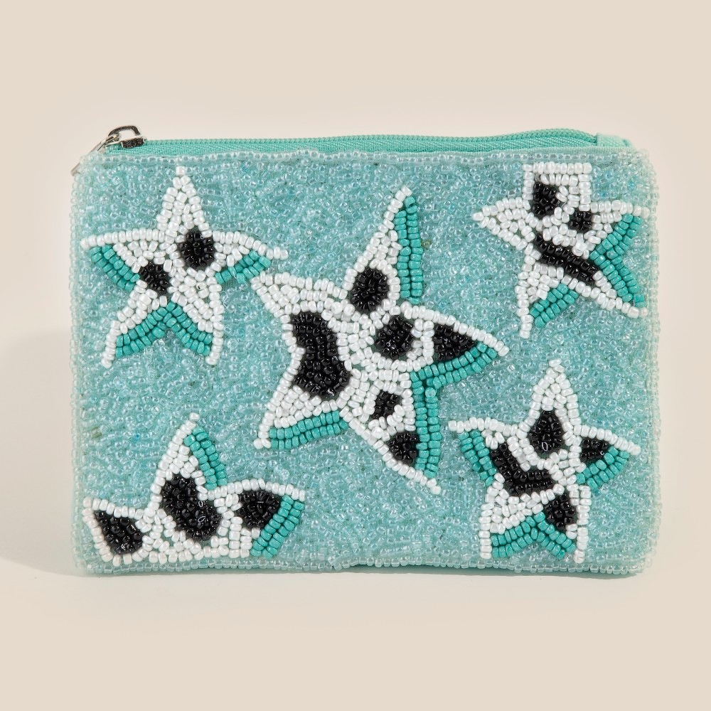 Cow Pattern Stars Teal Seed Beaded Coin Purse