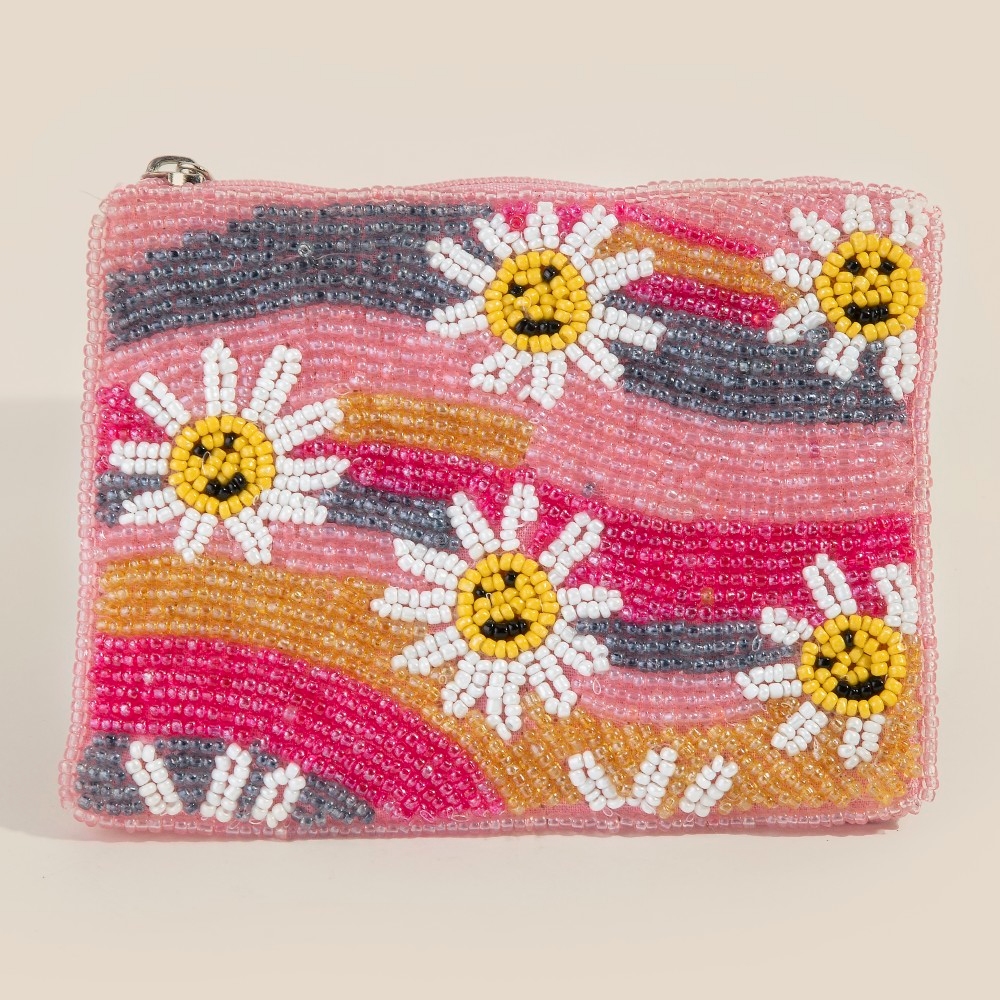 Smiley Flowers And Wavy Stripes Seed Beaded Coin Purse