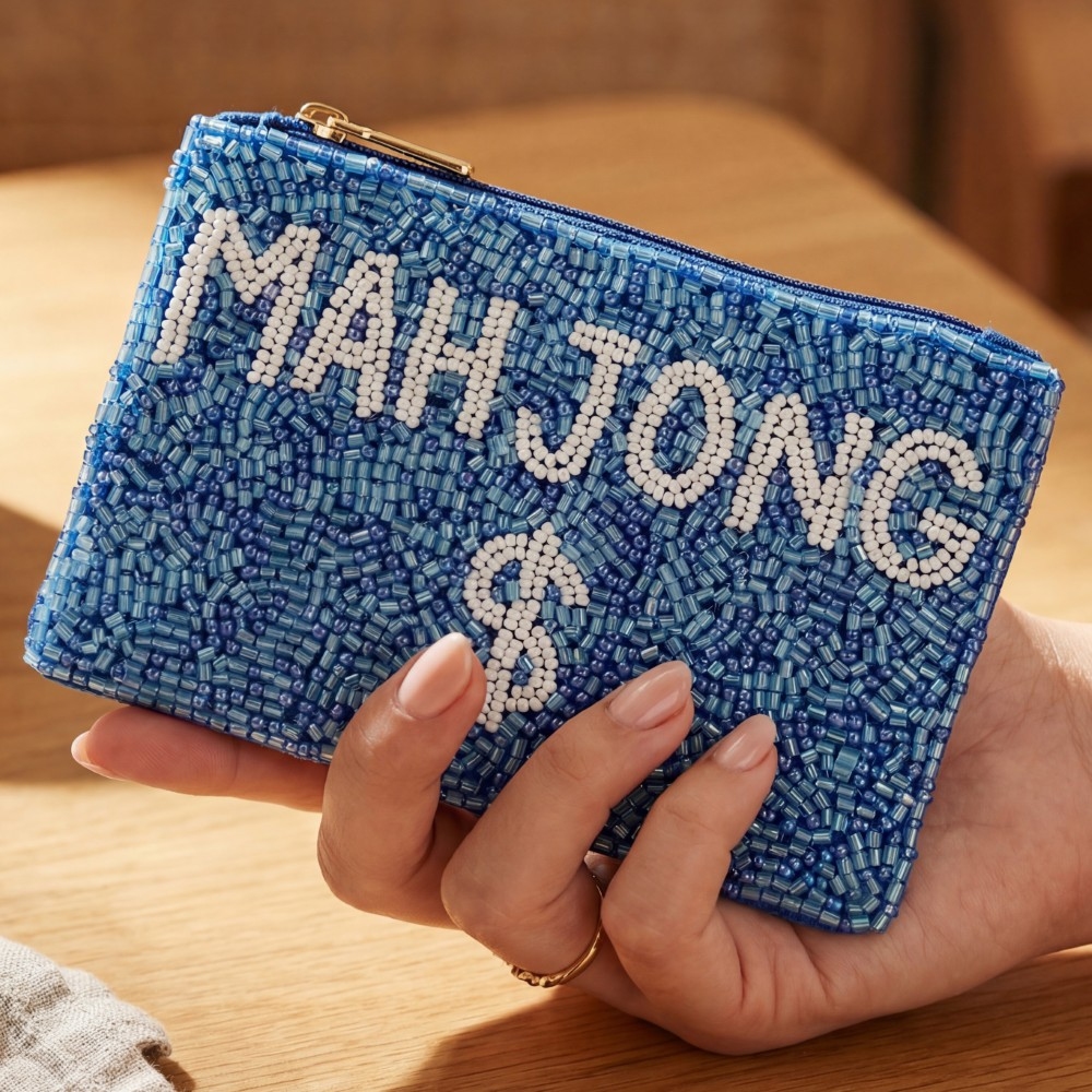 Blue Mahjong Money Seed Beaded Coin Purse