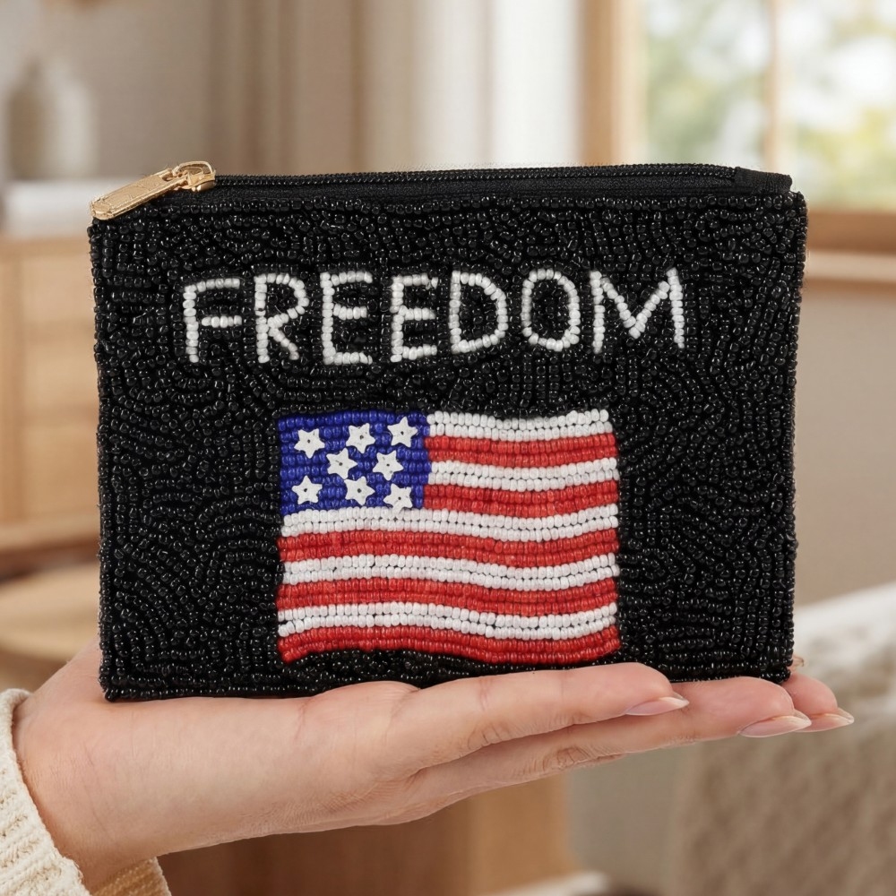 Freedom American Flag Seed Beaded Coin Purse