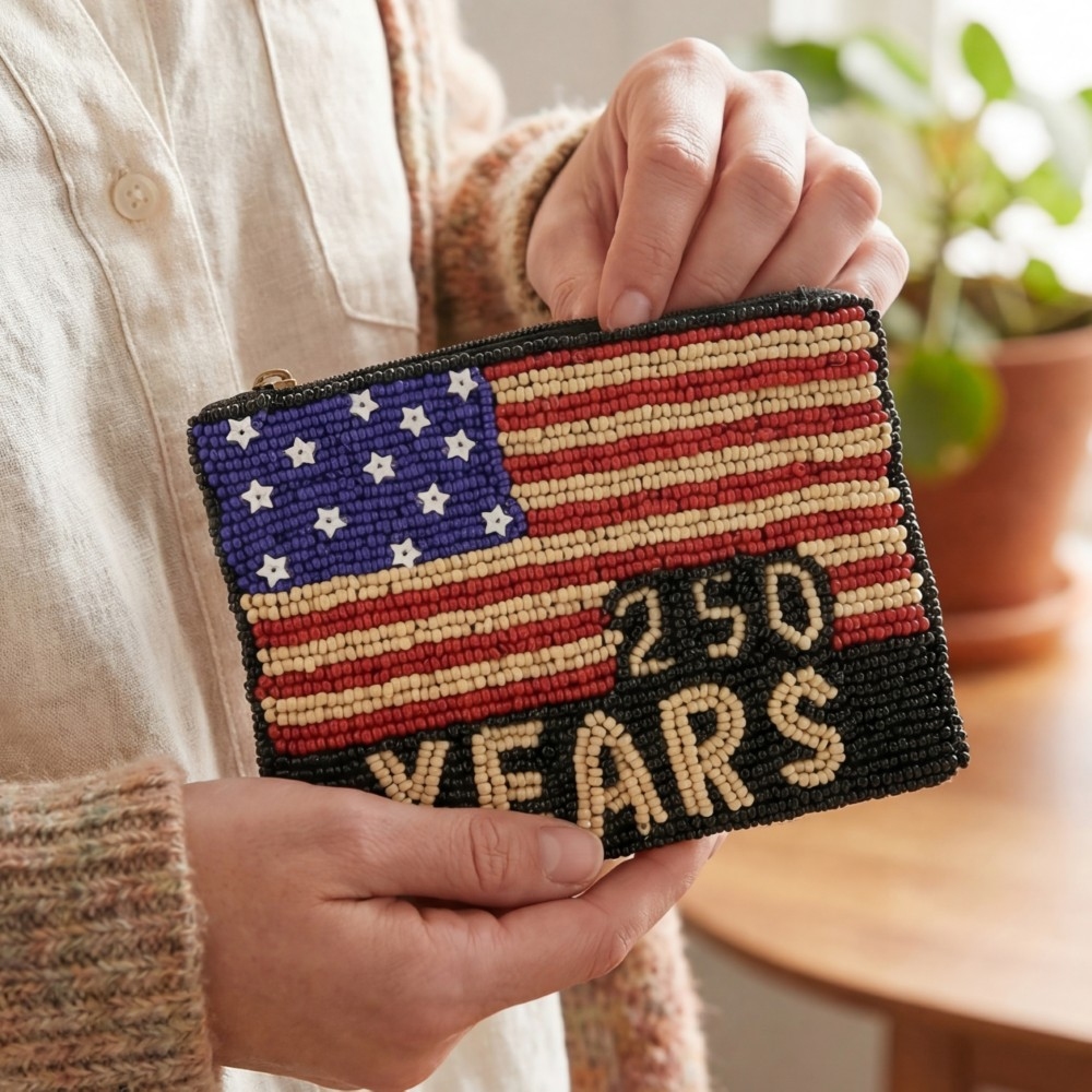 Usa Flag 250 Years Beaded Zip Coin Purse