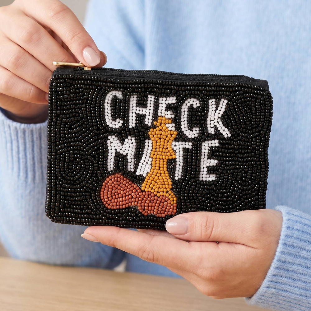 Checkmate Chess Beaded Zip Coin Pouch Bag