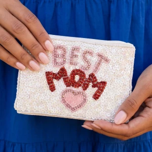 Best Mom Heart Sequin Beaded Coin Pouch