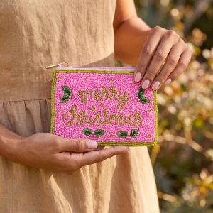Merry Christmas Holly Trim Beaded Coin Pouch