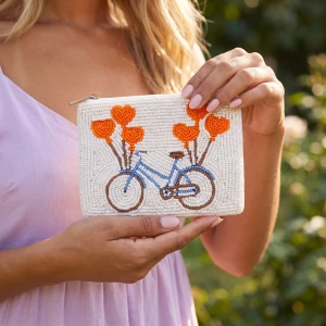 Bicycle With Heart Balloons Beaded Coin Pouch