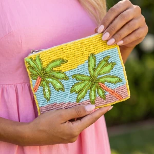 Palm Tree Beach Beaded Coin Pouch