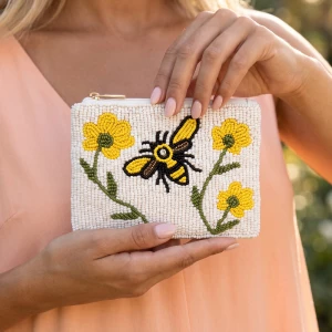 Bumble Bee Flowers Beaded Coin Pouch