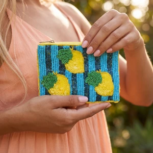 Sequin Lemons Stripe Beaded Coin Pouch