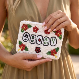 Mahjong Tiles Hibiscus Beaded Coin Pouch