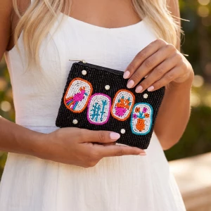 Folk Bird And Blooms Tile Beaded Coin Pouch