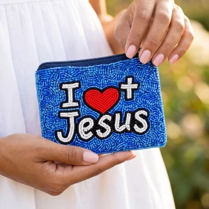 Beaded I Love Jesus Cross Coin Pouch