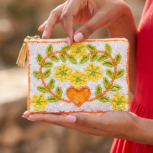 Heart Wreath Blooms Beaded Coin Pouch