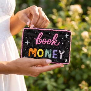 Book Money Script Beaded Coin Pouch With Sparkles
