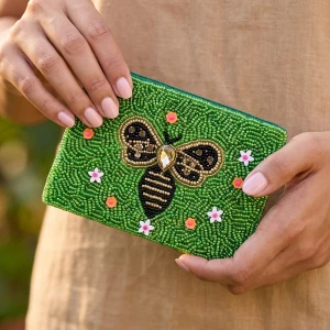Jeweled Bee Floral Beaded Coin Pouch