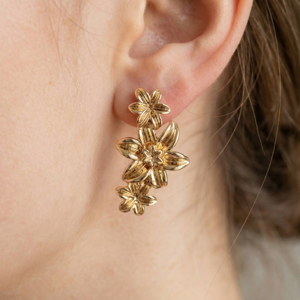 Triple Metallic Flower Chain Dangle Earrings