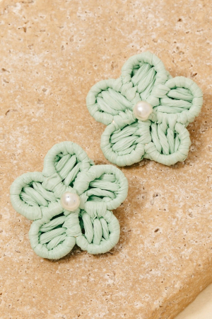 Pearl Stud Raffia Flower Stud Earrings