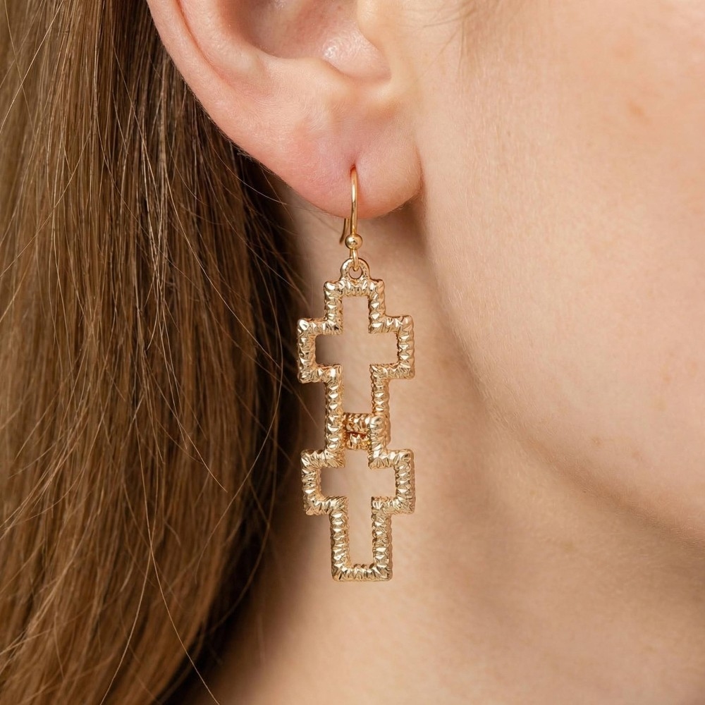 Double Textured Cross Dangle Hook Earrings