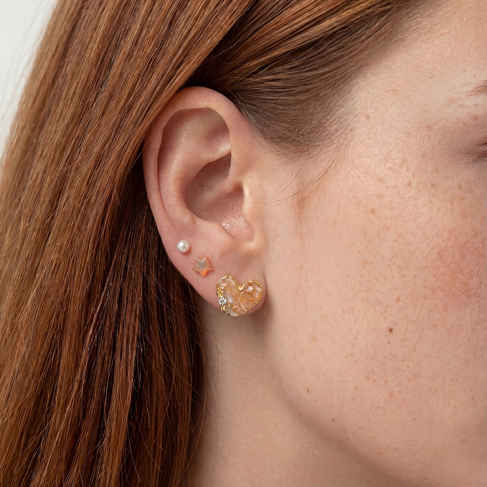 Gold Dipped Heart Star And Pearl Stud Earrings Set