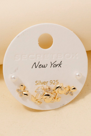 Gold Dipped Floral Pearl And Ribbon Bow Stud Earrings Set