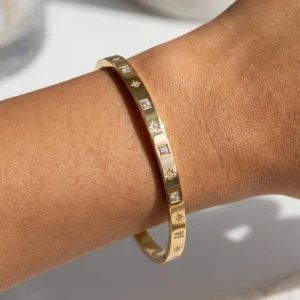 Stainless Steel Star Etched Cz Bangle Bracelet