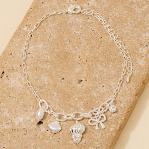 Pearl Shells Cz And Bow Charms Chain Bracelet