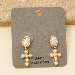 Pearl Studded Cross Dangle Earrings