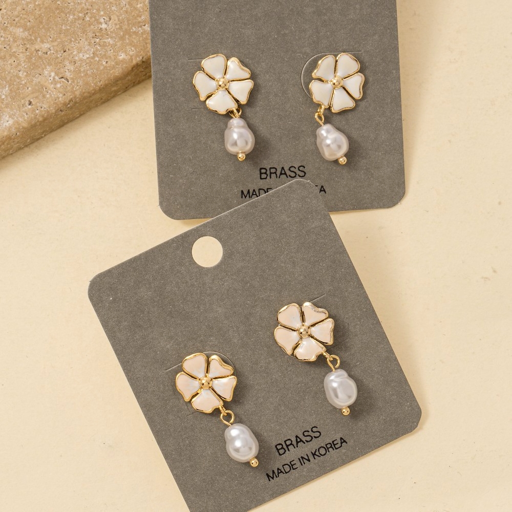 Metal Flower Post Pearl Drop Earrings