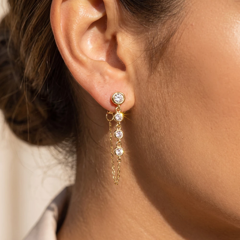 Double Sided Cz Bezel Front Back Chain Earrings