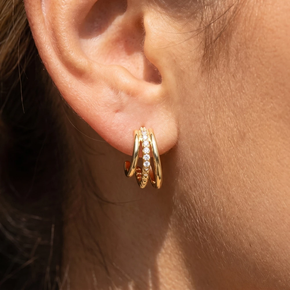 Pave Cz Triple Split Huggie Hoop Earrings