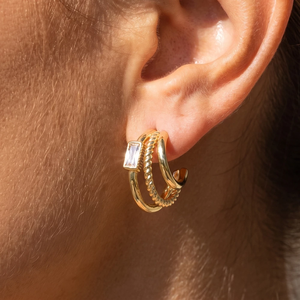 Rope Twist Hoop Earrings With Baguette Cz