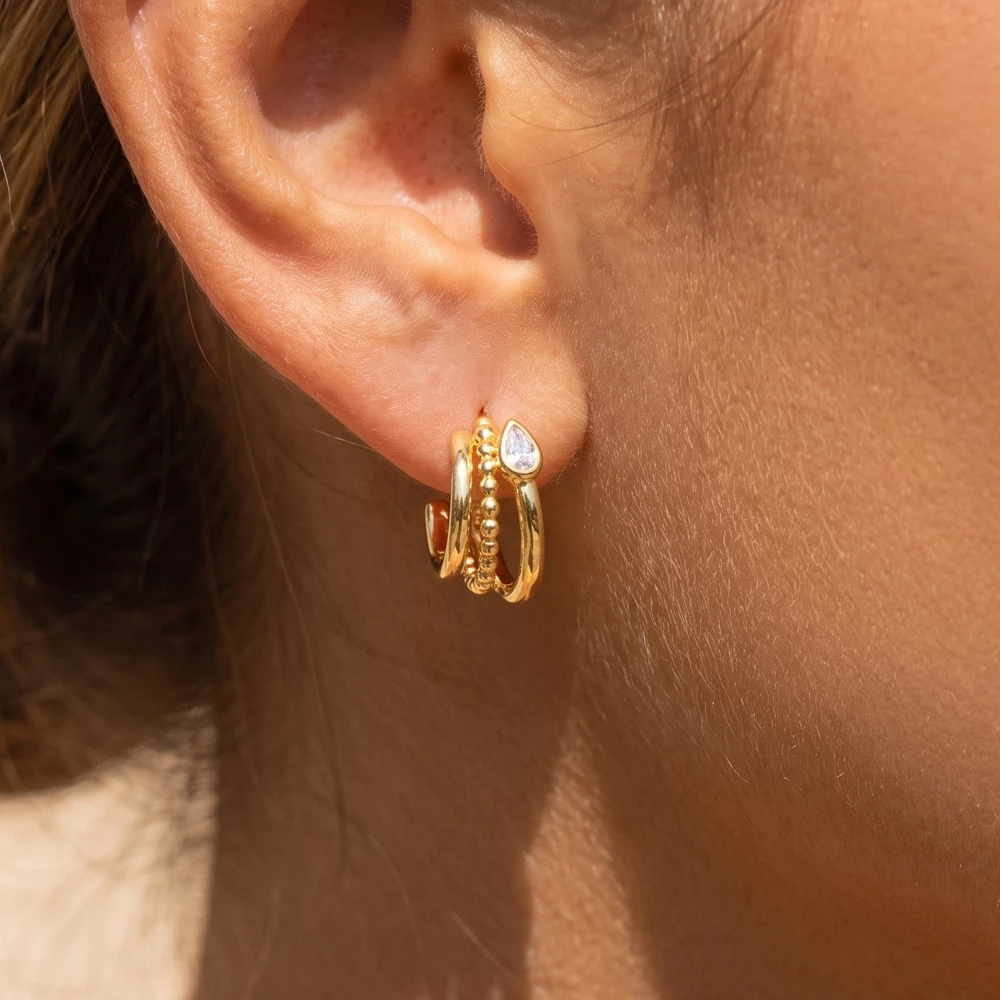 Beaded Double Band Hoop Earrings With Cz Accent