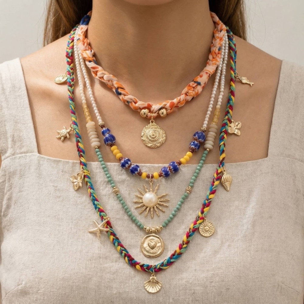 Layered Sealife Charms Fabric Chain Necklace