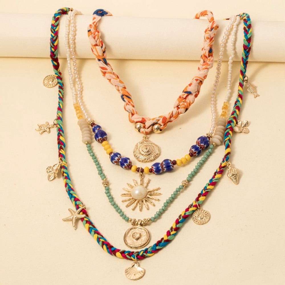 Layered Sealife Charms Fabric Chain Necklace