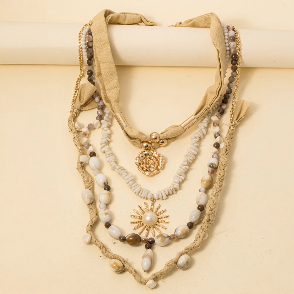 Layered Fabric Chain Beads Necklace