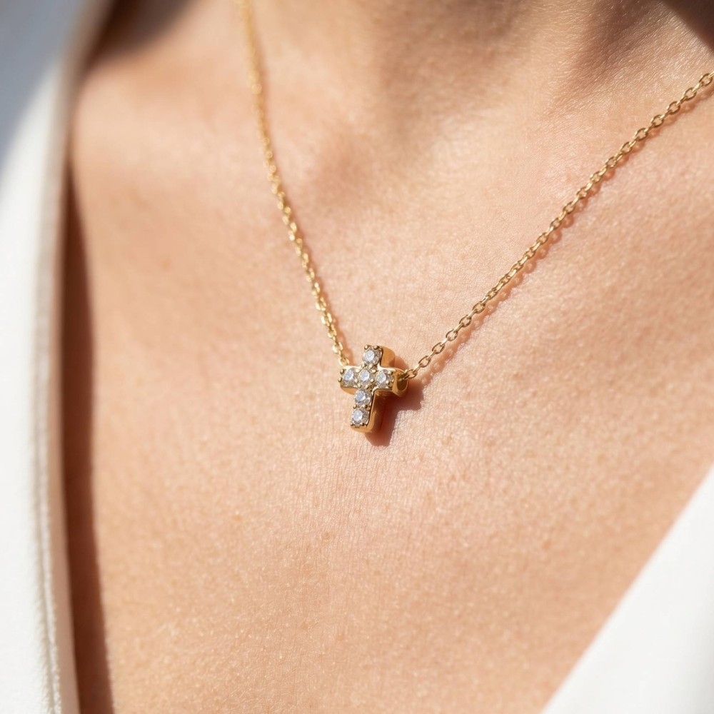 Cz Pave Cross Pendant Cable Chain Necklace