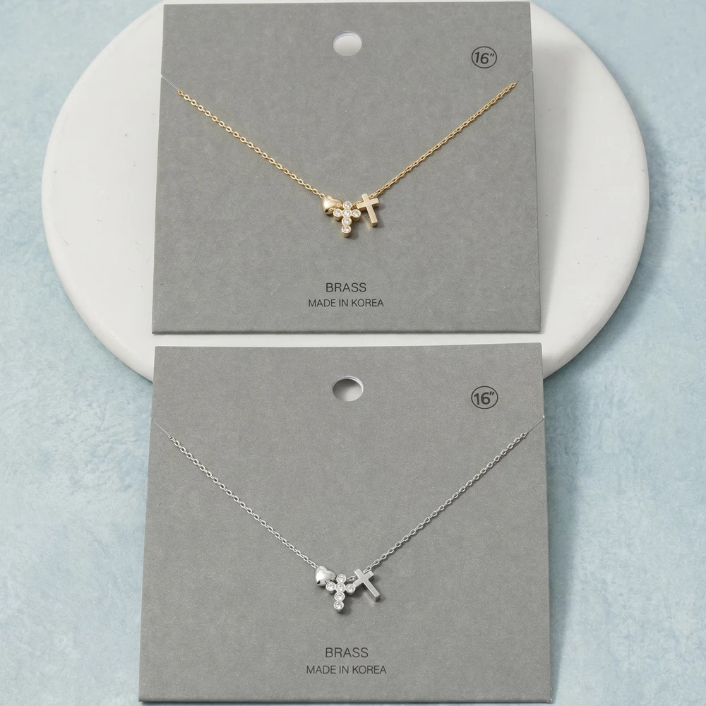 Bezel Cz Cross With Heart Charm Necklace
