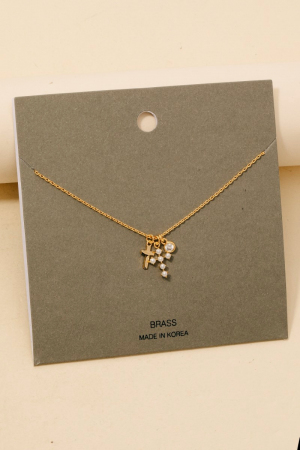 Pearl Cross And Gem Charms Chain Necklace