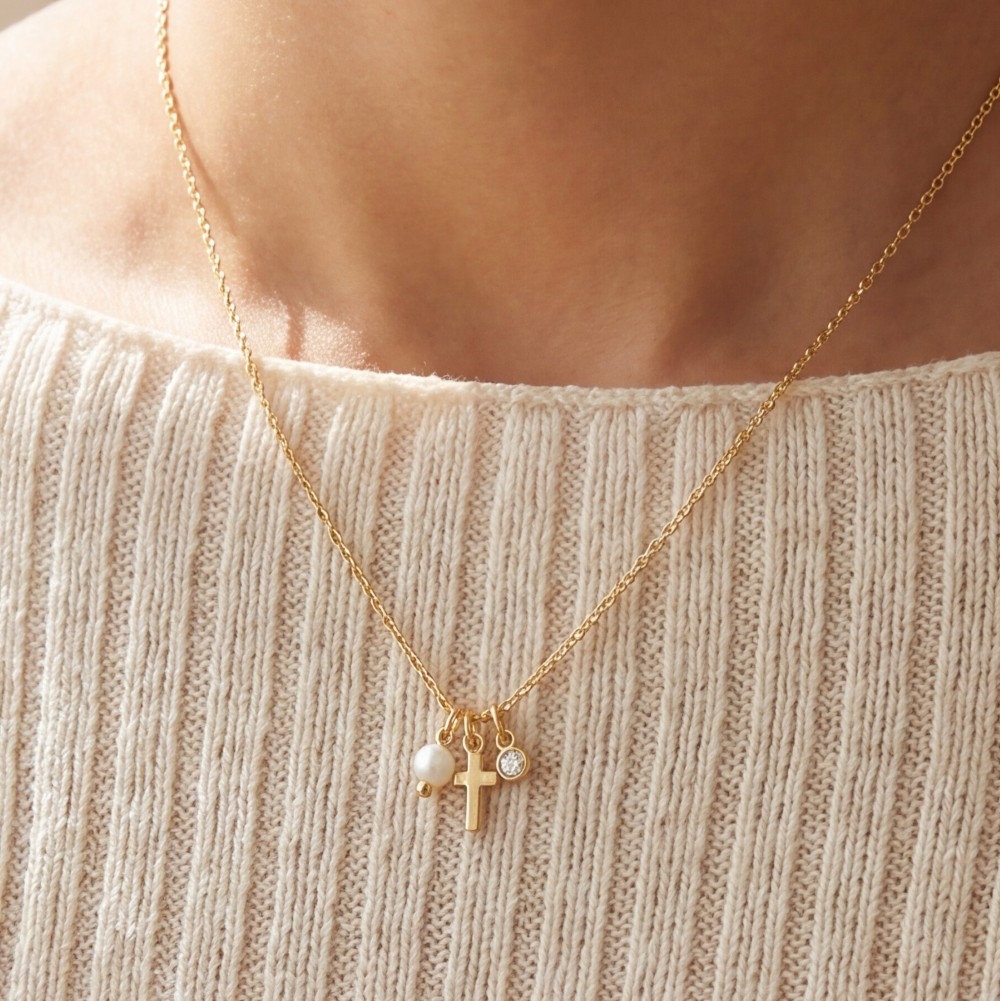 Dainty Cross, Pearl & Cz Charm Cluster Necklace