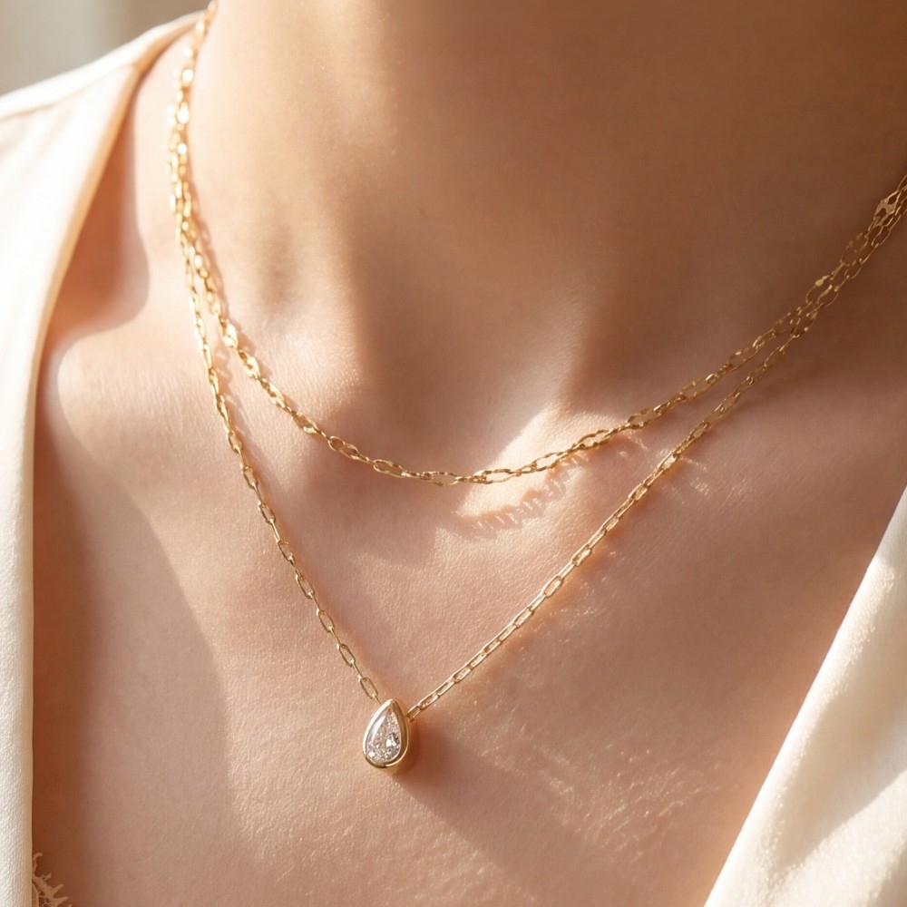 Double Layer Cz Teardrop Pendant Necklace