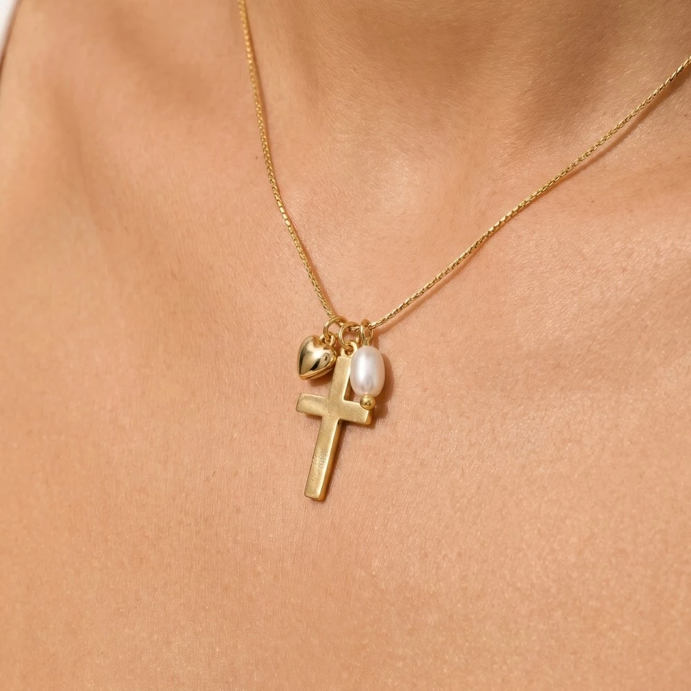 Cross Heart And Pearl Charms Chain Necklace