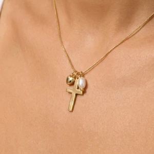 Cross Heart And Pearl Charms Chain Necklace