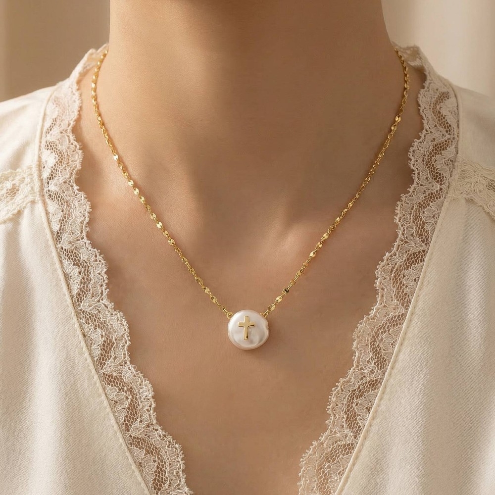 Cross On Pearl Pendant Chain Necklace