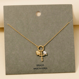 Heart Cross And Pearl Charms Chain Necklace