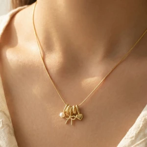 Gold Bow & Heart Charm Pendant Necklace