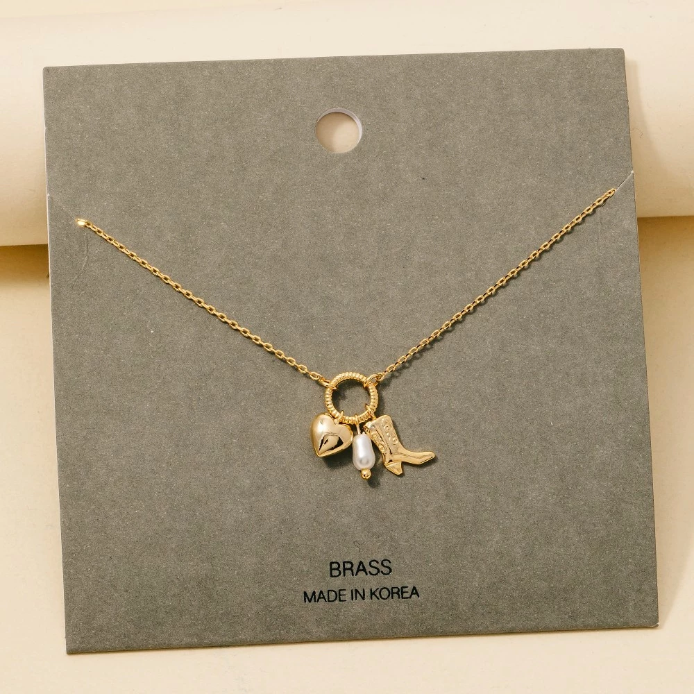 Western Cowboy Boot Heart Pearl Charms Chain Necklace