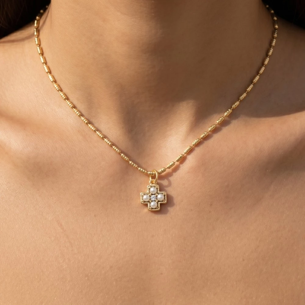 Mini Cross Pearl Pendant Necklace
