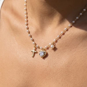 Assorted Cross Heart Pearl Charms Necklace