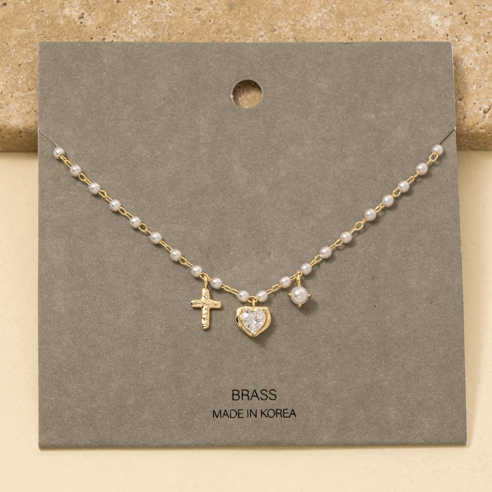 Assorted Cross Heart Pearl Charms Necklace