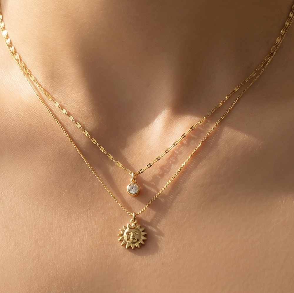 Circle Cz And Sun Pendants Layered Chains Necklace