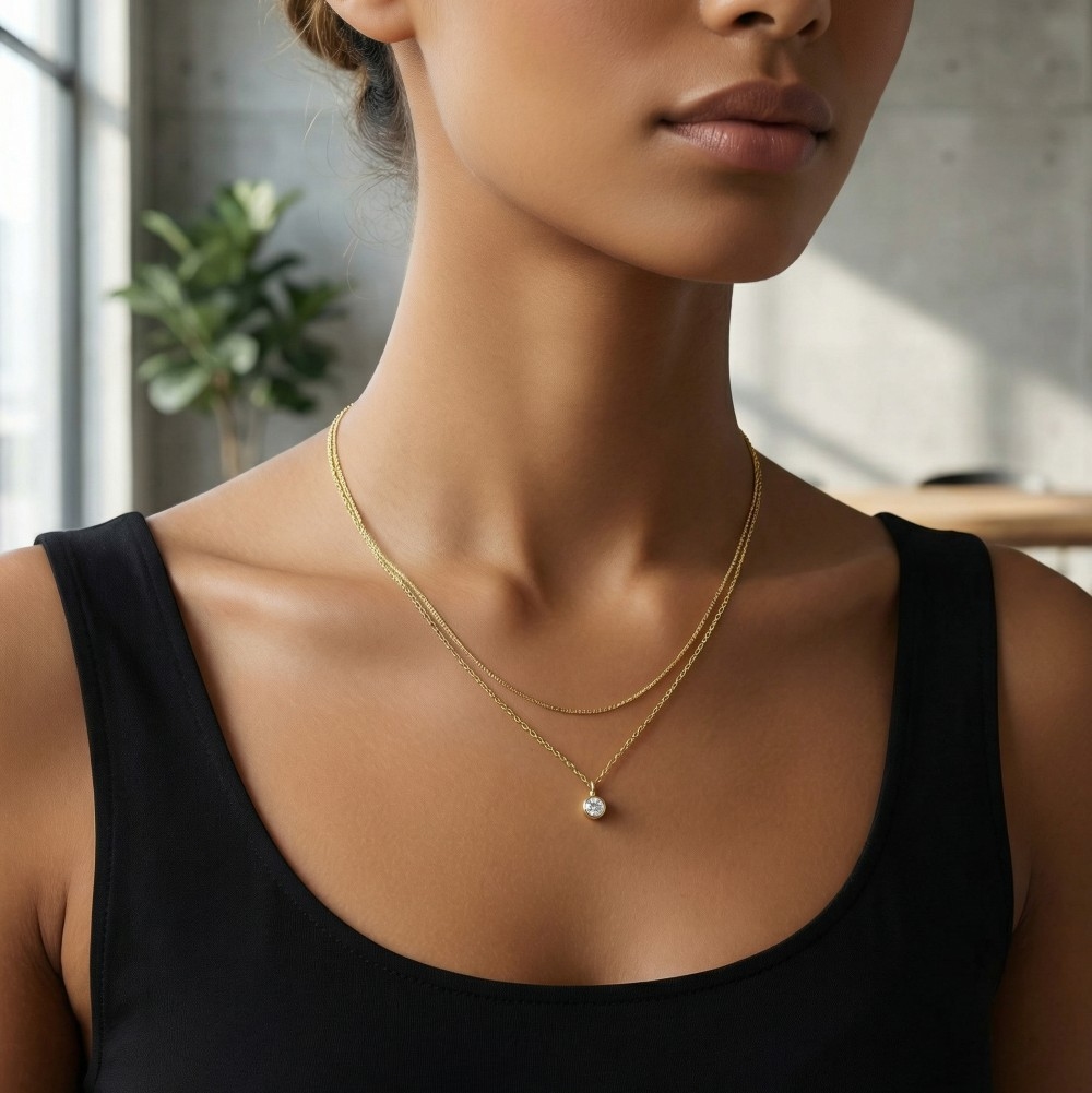 Round Cz Pendant Layered Chains Necklace